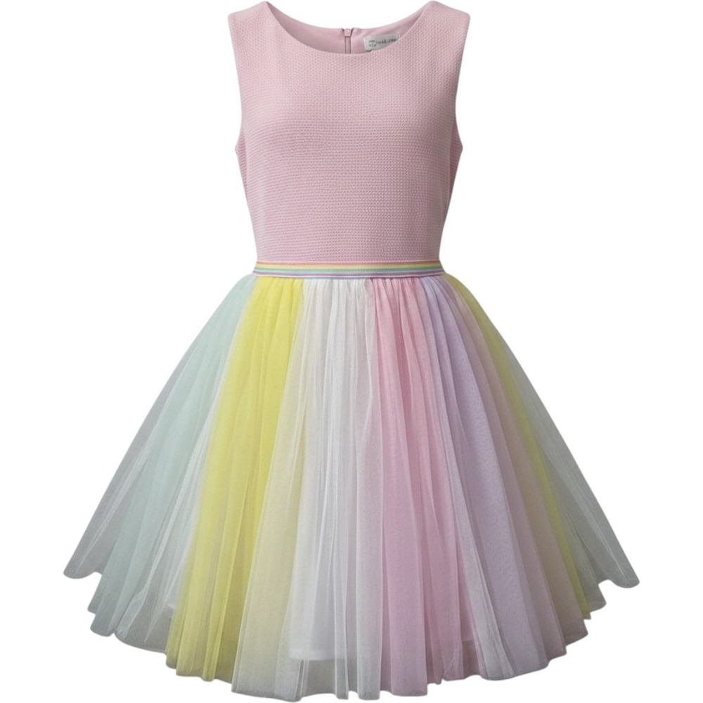 Bonnie Jean Girls Pink Textured Bodice Rainbow Tulle Party Dress Size 16